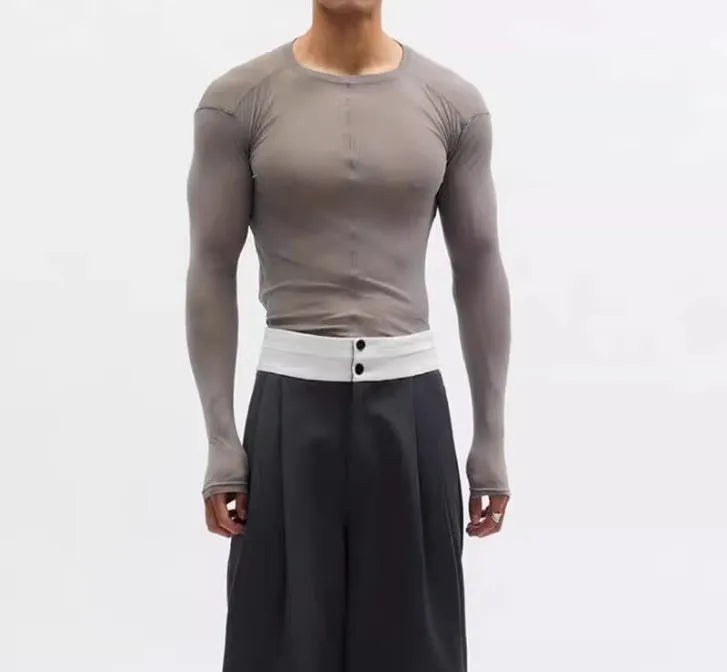 Black mesh see-through slim-fit pullover with long sleeves and a round collar.
