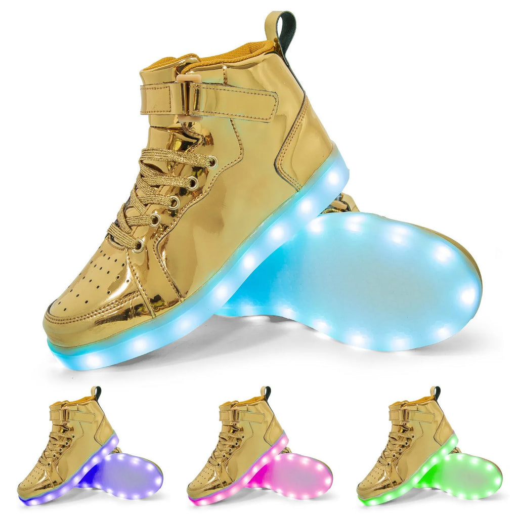 LED high-top board shoes with light-up features and Velcro fastening