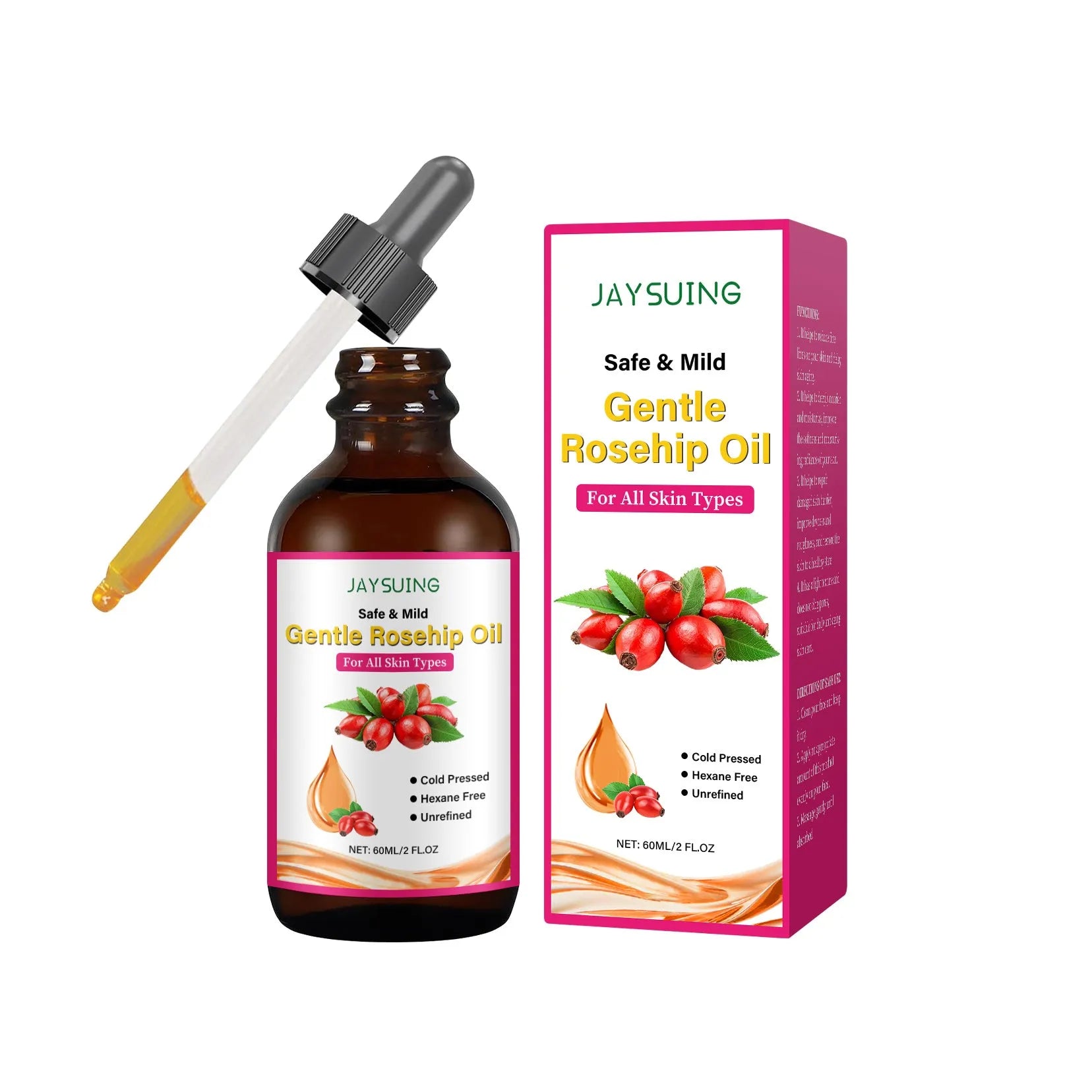 60ml bottle of rose fruit seed facial oil with glycerol, rose hip oil and vitamin E