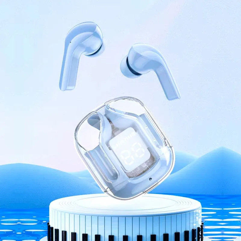 Transparent space capsule case showing true wireless Bluetooth earbuds with digital battery display