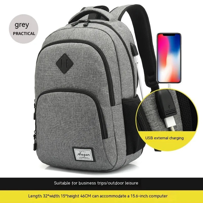 Grey lightweight backpack with USB charging port on the side, showing trolley sleeve on back