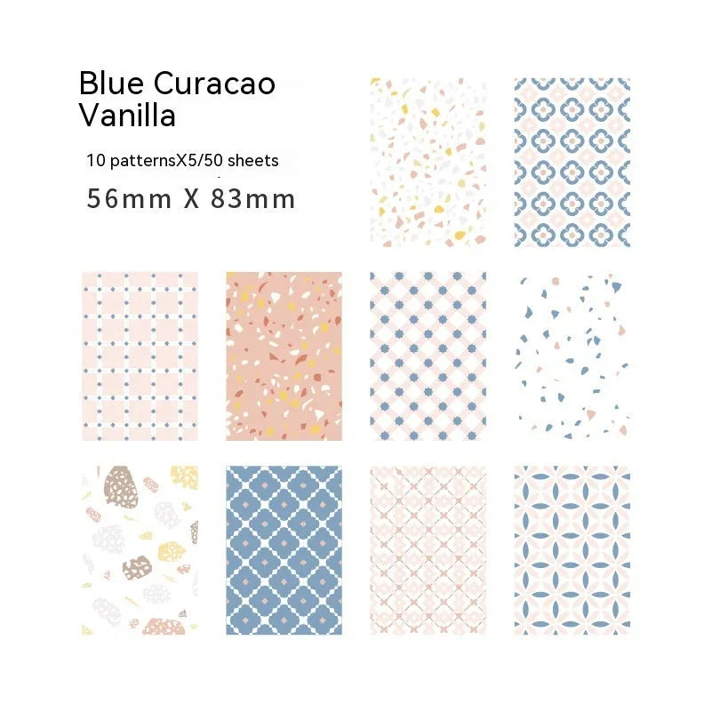 Pack of 50 retro dessert-themed collage note papers in ten colours including caramel puff and blueberry wood sauce.