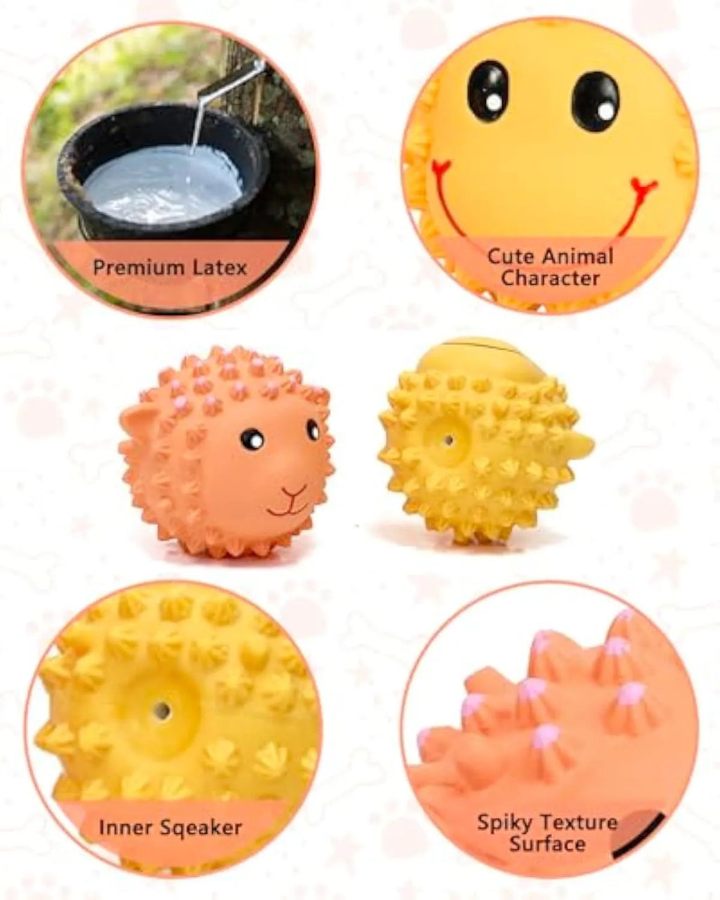 Orange and yellow spiky latex dog toys with squeaker for teeth cleaning during fetch play