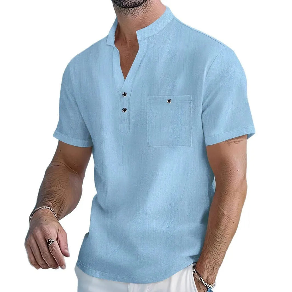 Men's linen stand collar t-shirt in loose fit with short sleeves