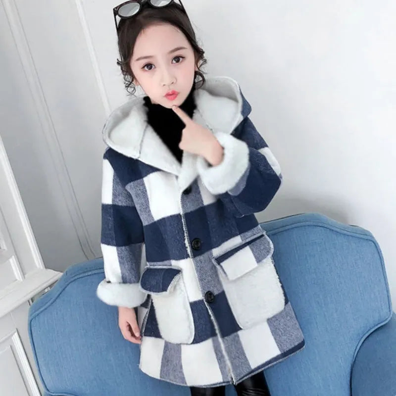 Children's striped thick woolen overcoat for girls, academy style, blue colour, long length sleeveless design
