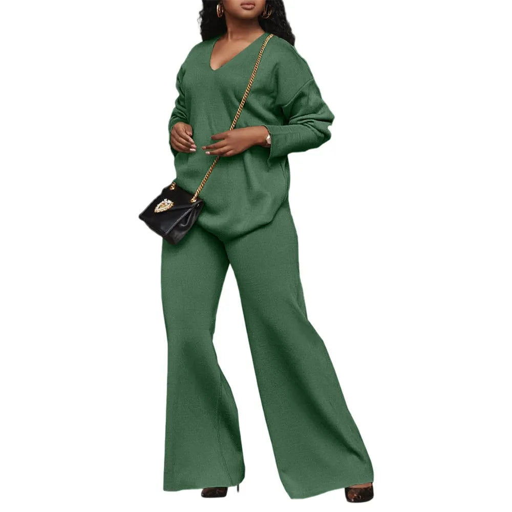 Women's brown thickened suede two-piece suit set with split sleeve design and full-length trousers