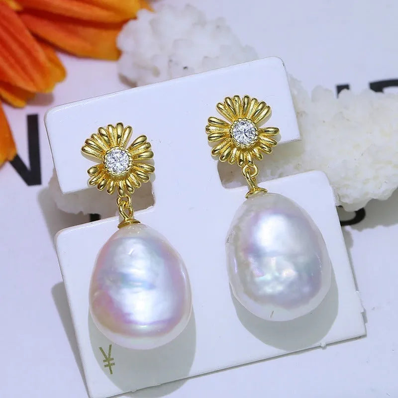 Baroque floral design sterling silver earring holder ring with matching drop earrings