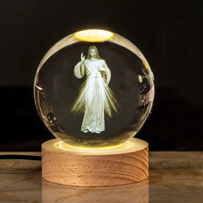 White crystal lamp with 6cm diameter ball on solid wood warm light base for church office decoration
