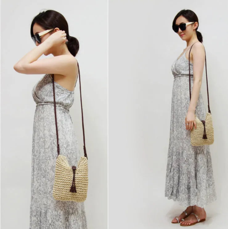 Handmade crochet crossbody straw bag for children in khaki with cotton lining and woven texture