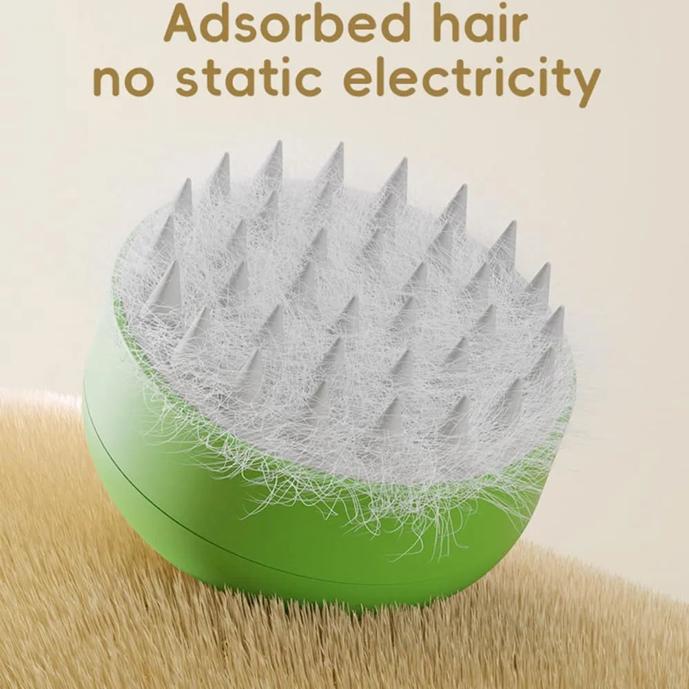 Green or yellow rechargeable cat and dog steam brush with silicone bristles and ergonomic handle.