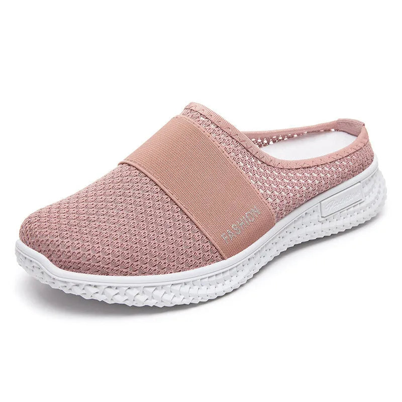 Women's breathable mesh casual shoes with flat heel and round toe in black, grey, pink, or purple