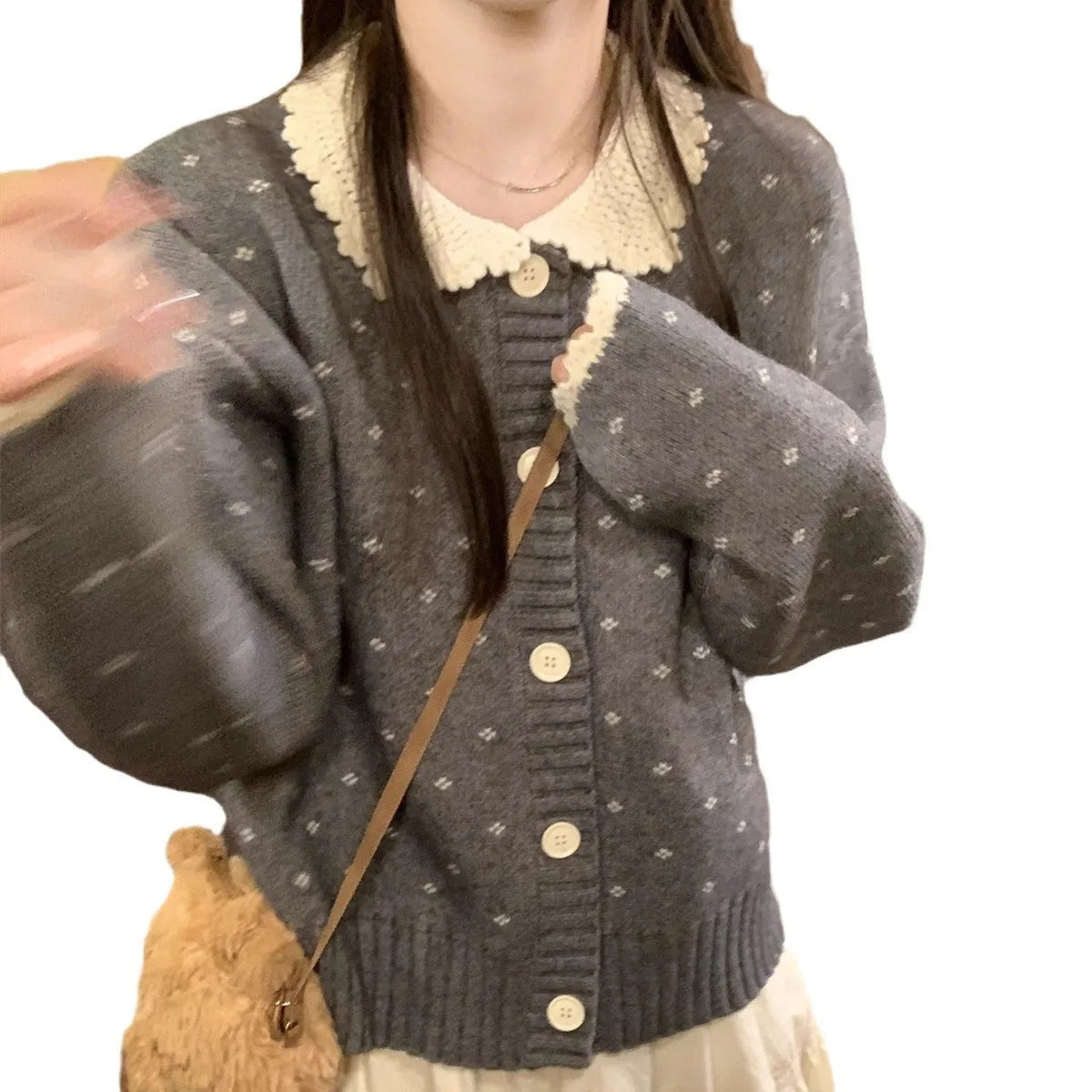 Retro Peter Pan collar knitted cardigan coat with floral pattern in cashmere blend fabric