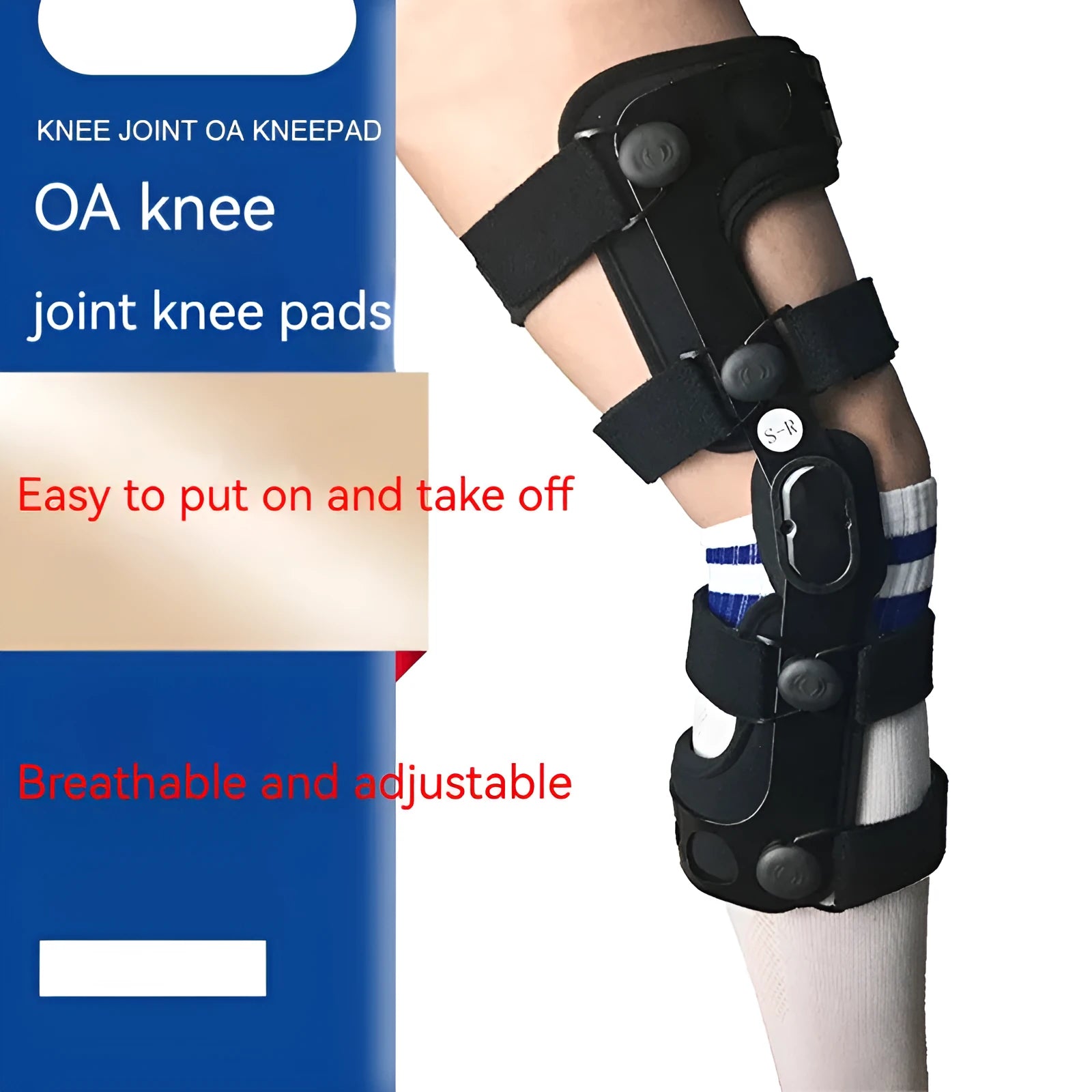 Black anterior ligament knee supporter with iron side stabilisers and sponge padding