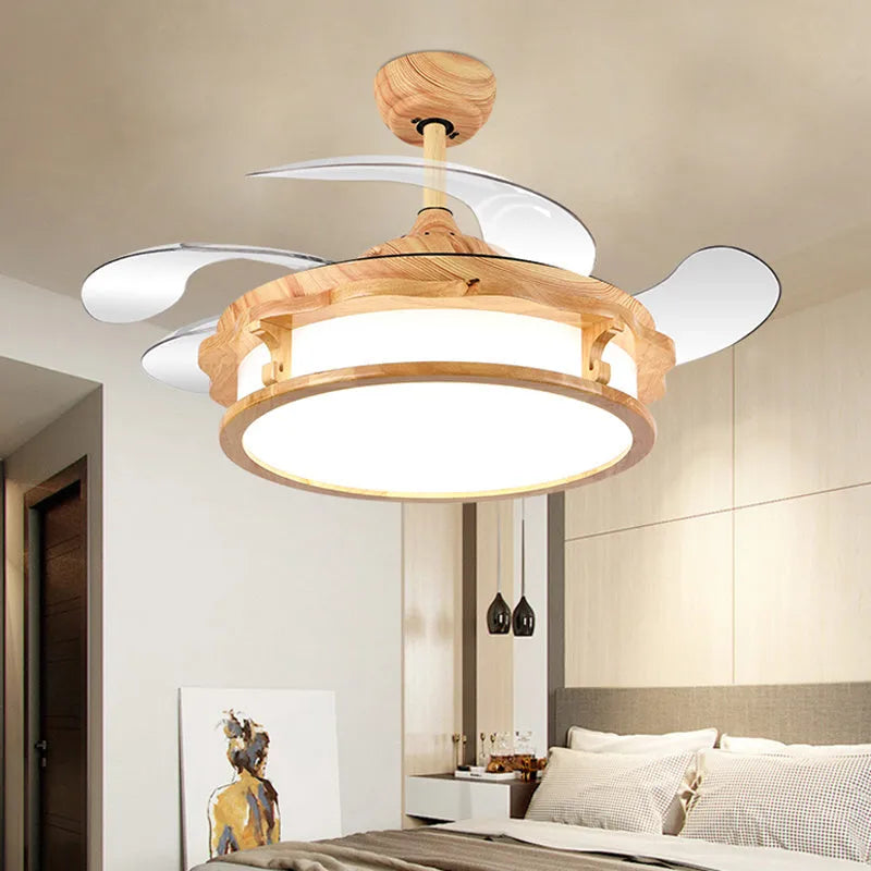 Japanese style invisible silent fan lamp with wood lampshade and ABS blades in beige colour for ceiling installation