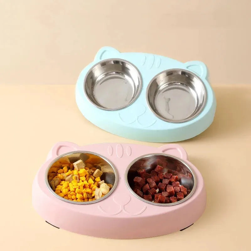 Blue plastic pet feeding tray with double bowl design and four compartments for cat or dog food and water