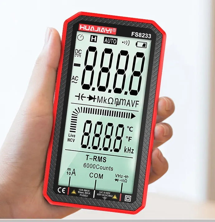 Large screen automatic digital multimeter in black, handheld design for electrical testing