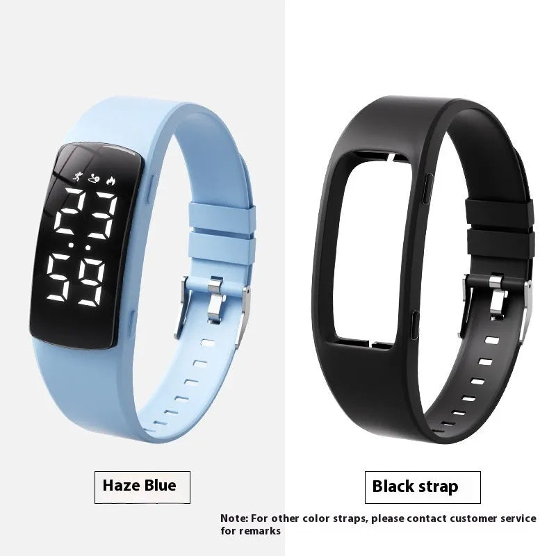 Vibration alarm smart watch with coloured silicone strap and LED display on wrist