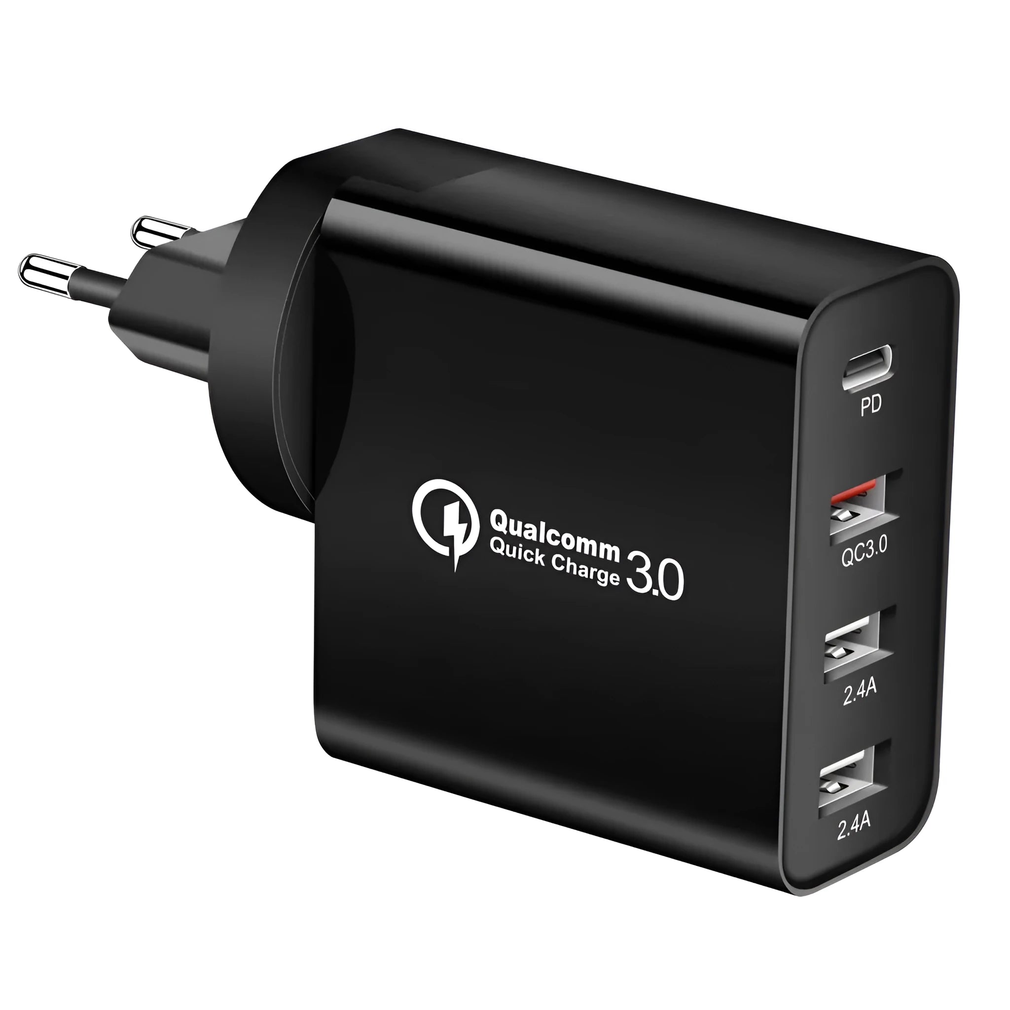 White and black multi-port fast charger with USB ports for PD and QC charging
