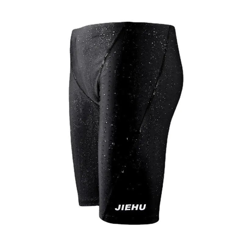 Men's five-point anti-embarrassment swimming trunks in solid black quick-dry nylon
