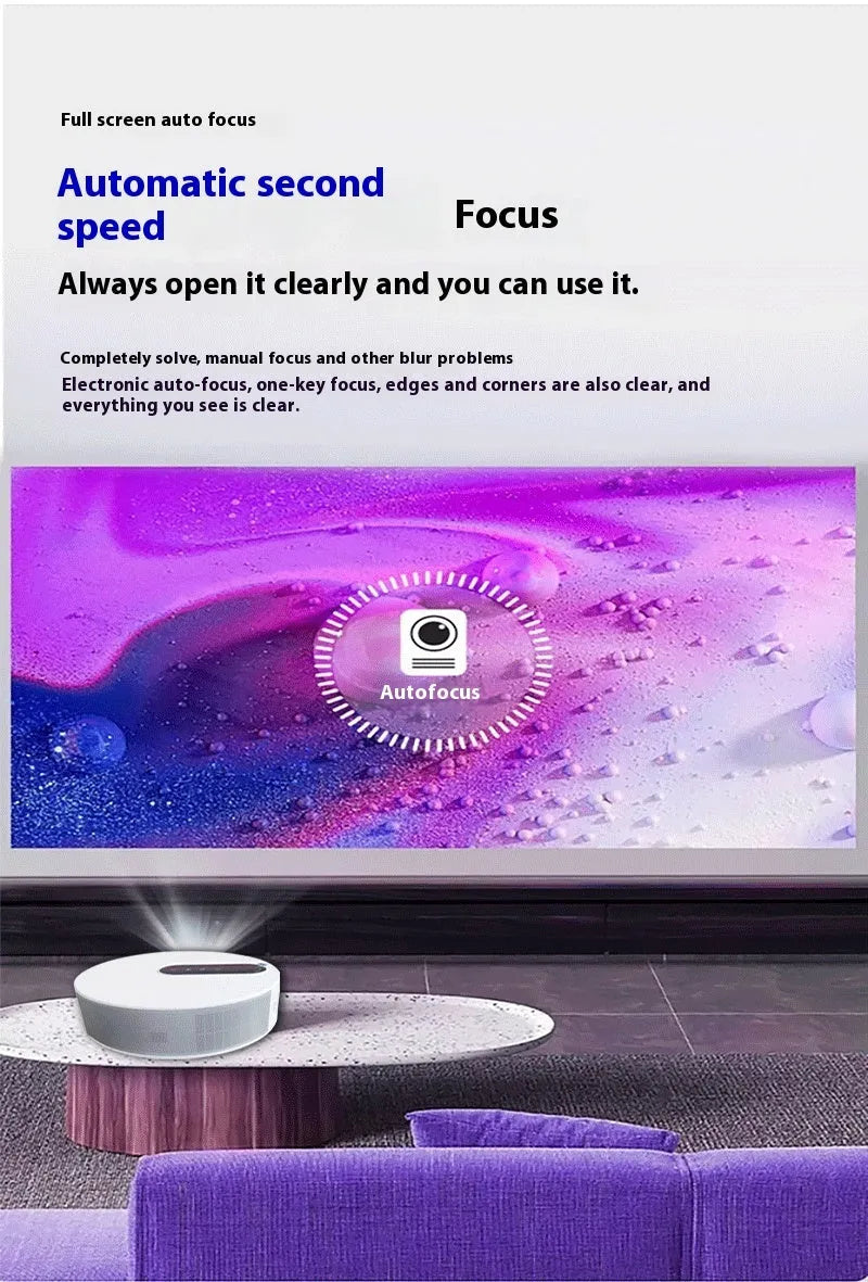 White HD 720p home theatre projector with remote control on a table.