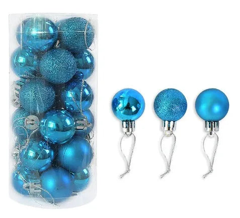 Assorted 3cm shiny gold, red, and silver Christmas ball ornaments spilling from a tall storage barrel.