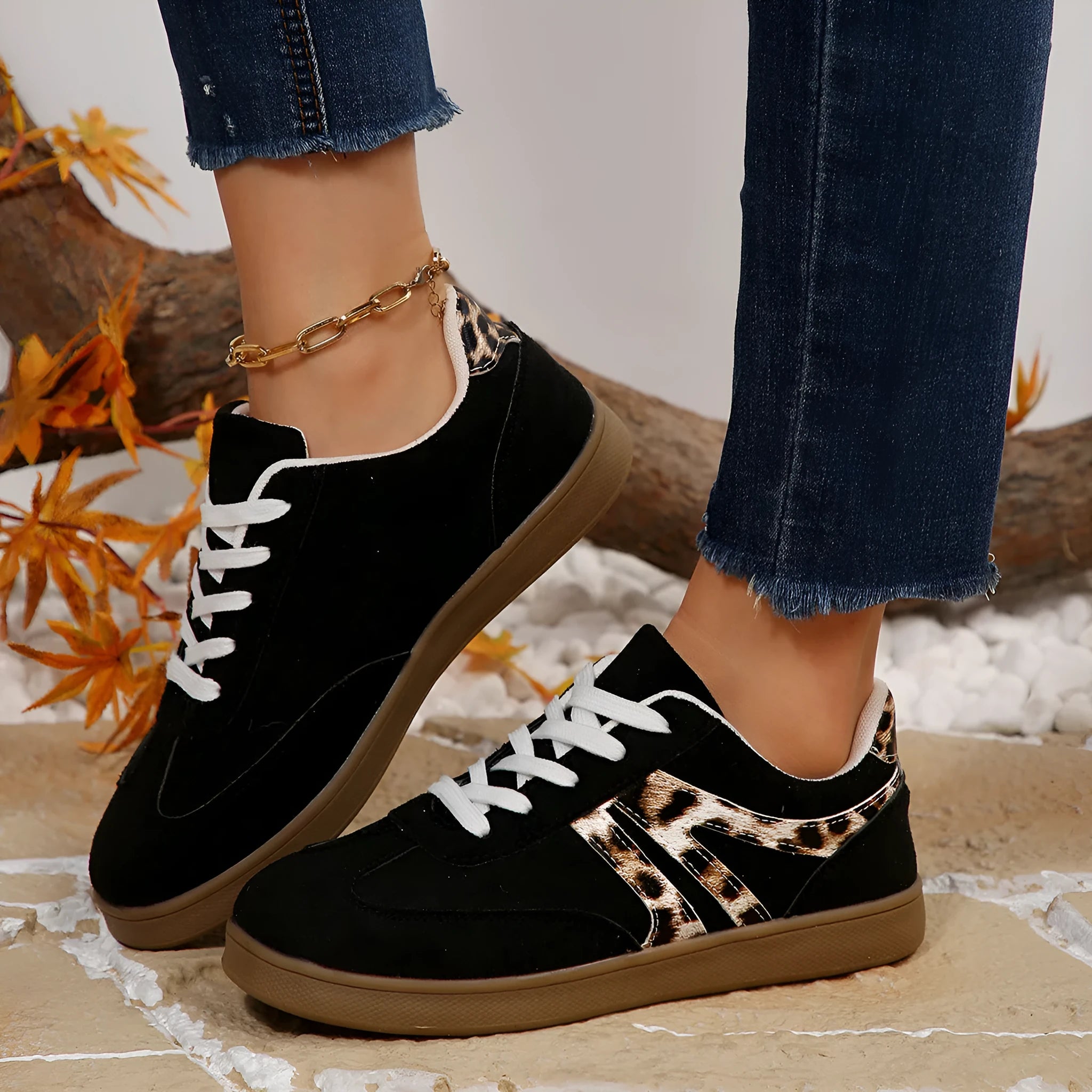 Women's vintage leopard print board shoes with PU upper, flat heel, and round toe in beige and black colours