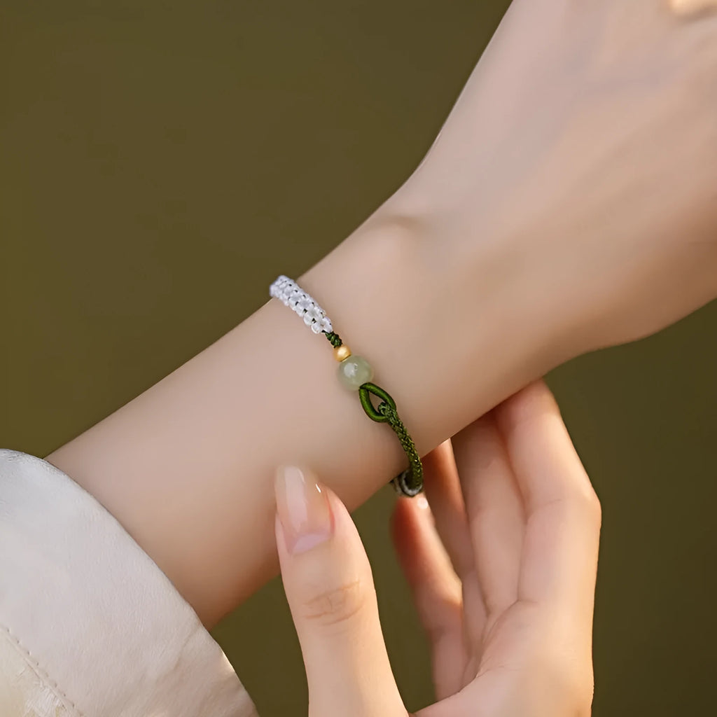 Hetian jade sterling silver Chinese national bracelet with colourful cord carrying strap