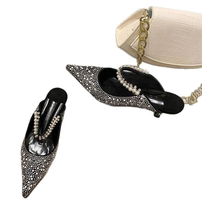 Spring new women's stiletto heel slippers in Korean style, pointed toe, apricot colour