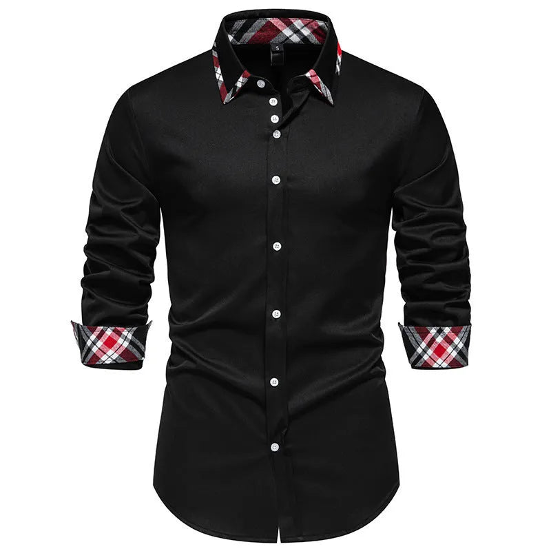Men's polyester blend plaid shirt with triangle collar in black, blue or white colour options