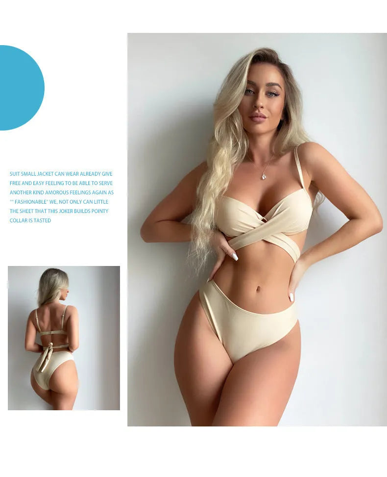 Women's creamy white three-piece bikini set with backless push up top, briefs, and skirt on a mannequin.