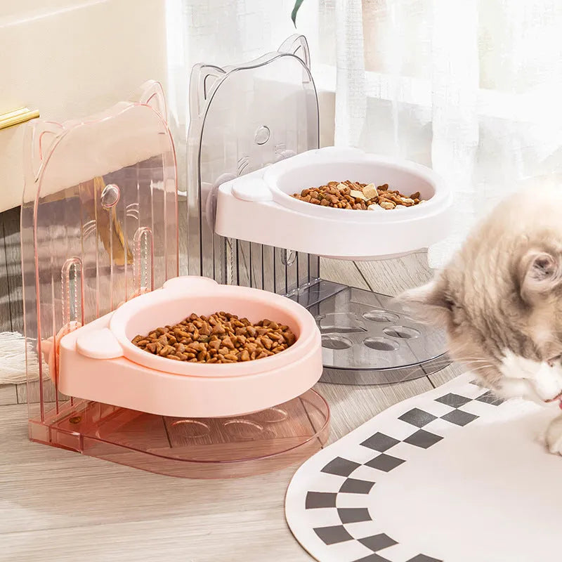 Grey cat feeding bowl with cat ears neck protection collar and adjustable height mechanism