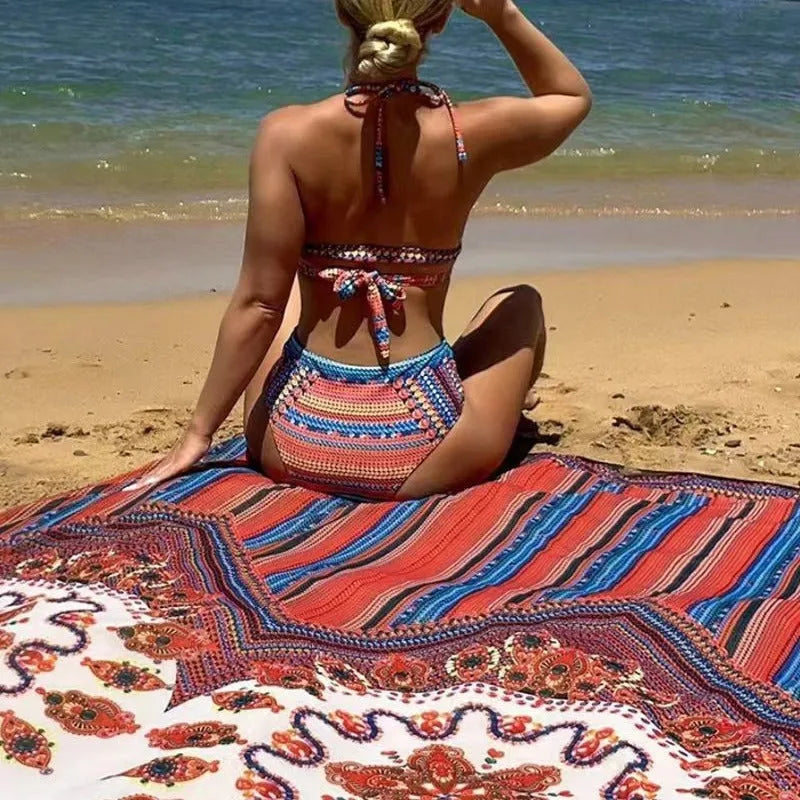 Women's three-piece swimsuit set showing high-waisted briefs, cutout sleeveless blouse and matching coat in pictured colour