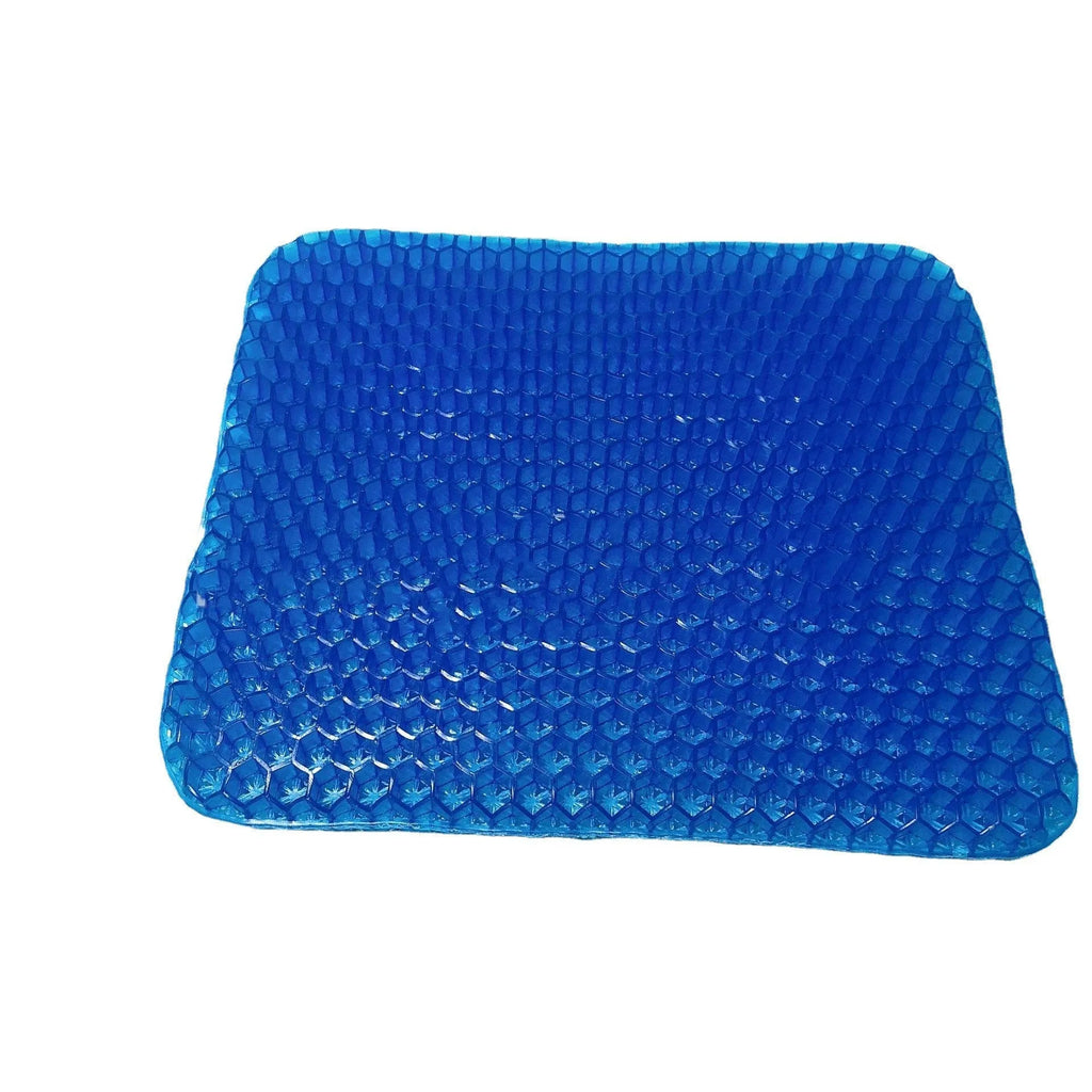 A blue breathable honeycomb gel seat cushion with a removable cover, shown on a wooden chair.