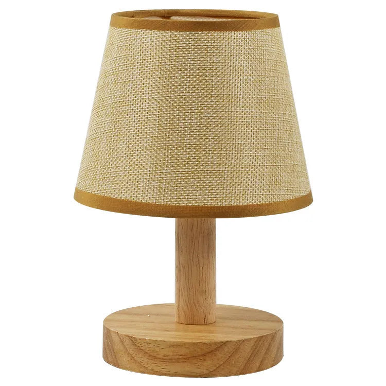 Korean vintage pleated table lamp with jute and linen shade on bamboo base, showing USB port.
