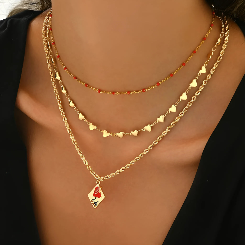 Three-layer zinc alloy clavicle chain necklace with heart pendant, adjustable 41-50cm length