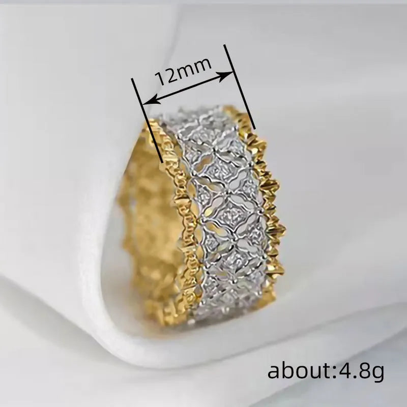 Geometric copper ring with round zircon and two-tone electroplated gold and silver finish