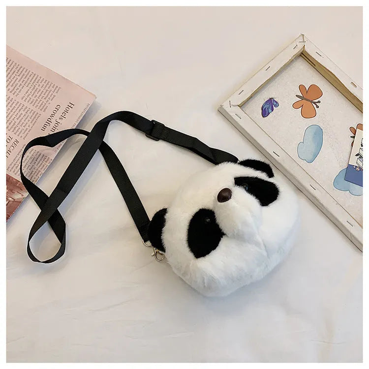 Cute plush crossbody bag with panda head design, cylindrical shape measuring 18×15×8cm