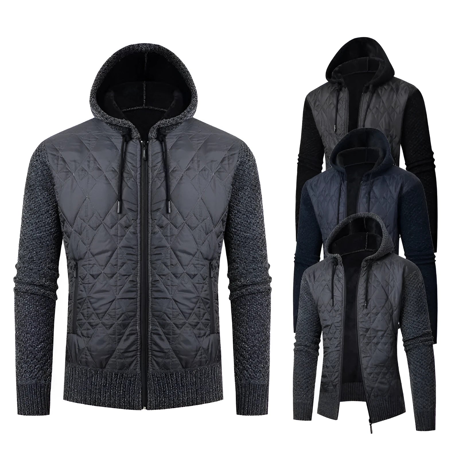 Men's grey hooded sweater coat in wool and corduroy with cinched cardigan style for winter