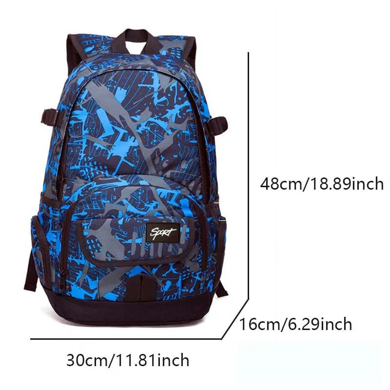Blue and red large-capacity nylon backpack for school, travel, and outdoor activities.