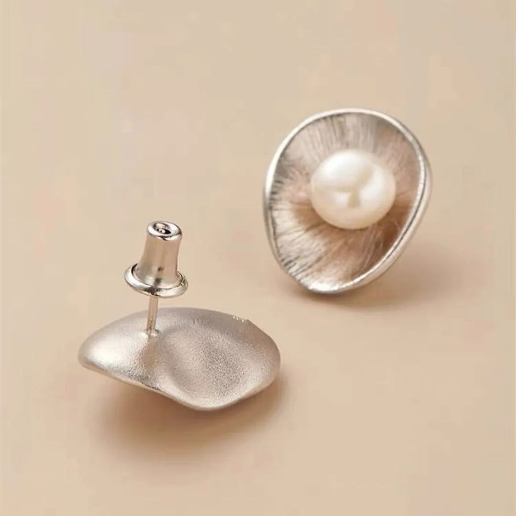 Gold-plated geometric sterling silver ear studs with genuine freshwater pearls