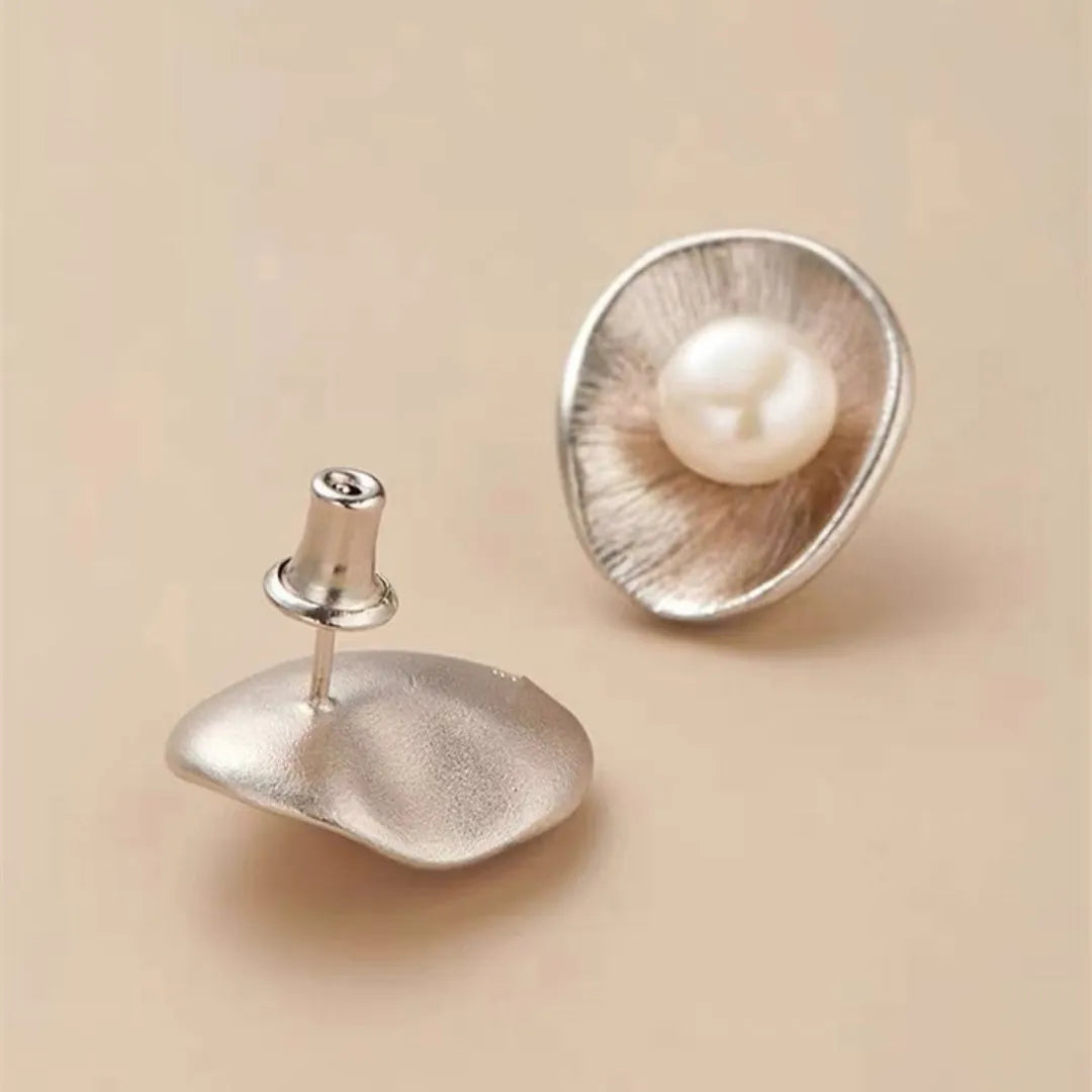 Gold-plated geometric sterling silver ear studs with genuine freshwater pearls