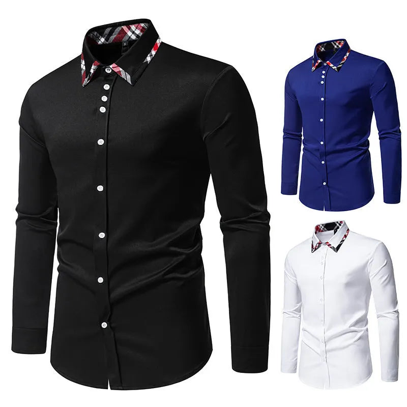 Men's polyester blend plaid shirt with triangle collar in black, blue or white colour options