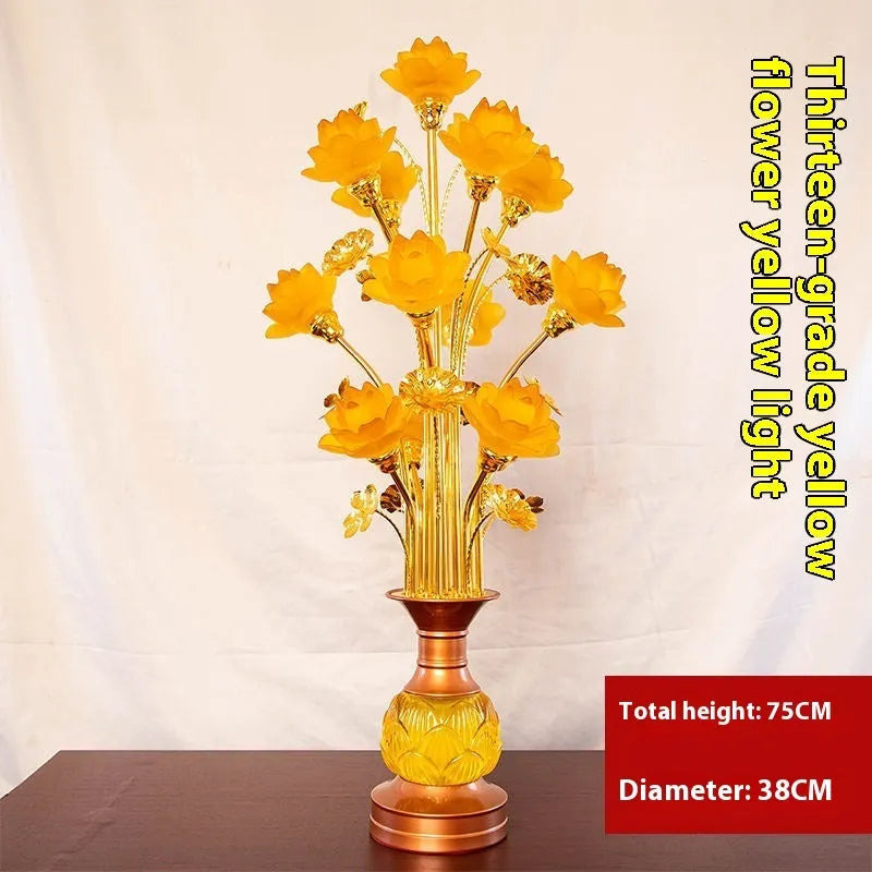 Colored glaze lotus lantern with alloy base, pink floral petals, and LED light for temple worship