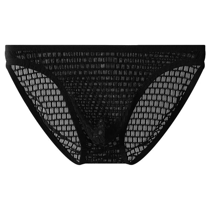 Men's low waist transparent lace underwear in a choice of colours on a size chart.