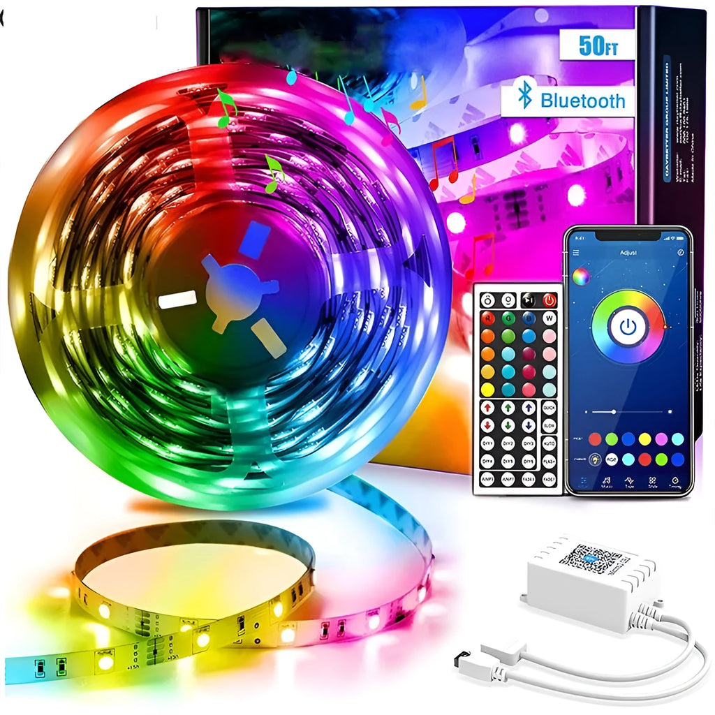 Roll of flexible RGB LED strip light with Bluetooth controller and power adapter on a table