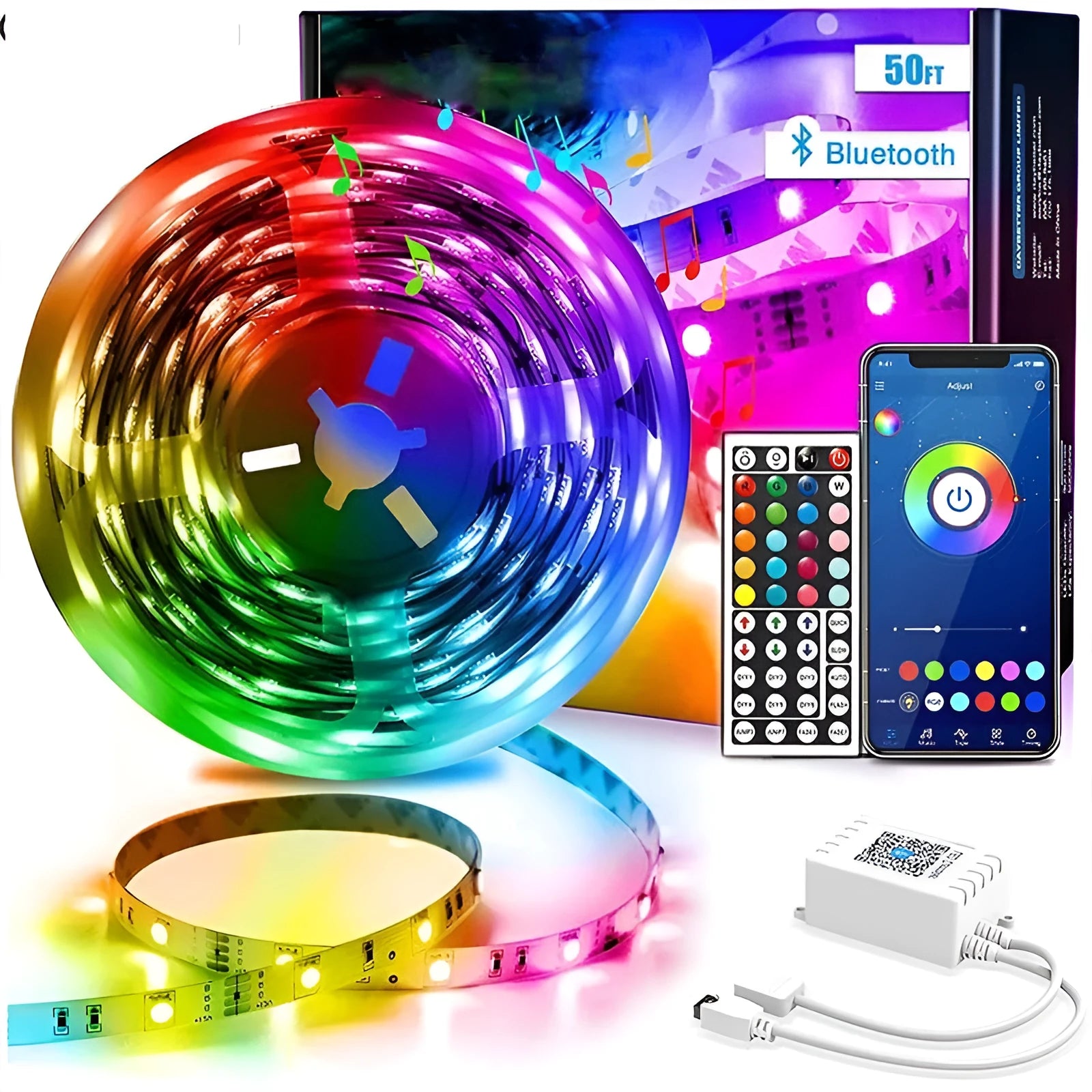 Roll of flexible RGB LED strip light with Bluetooth controller and power adapter on a table