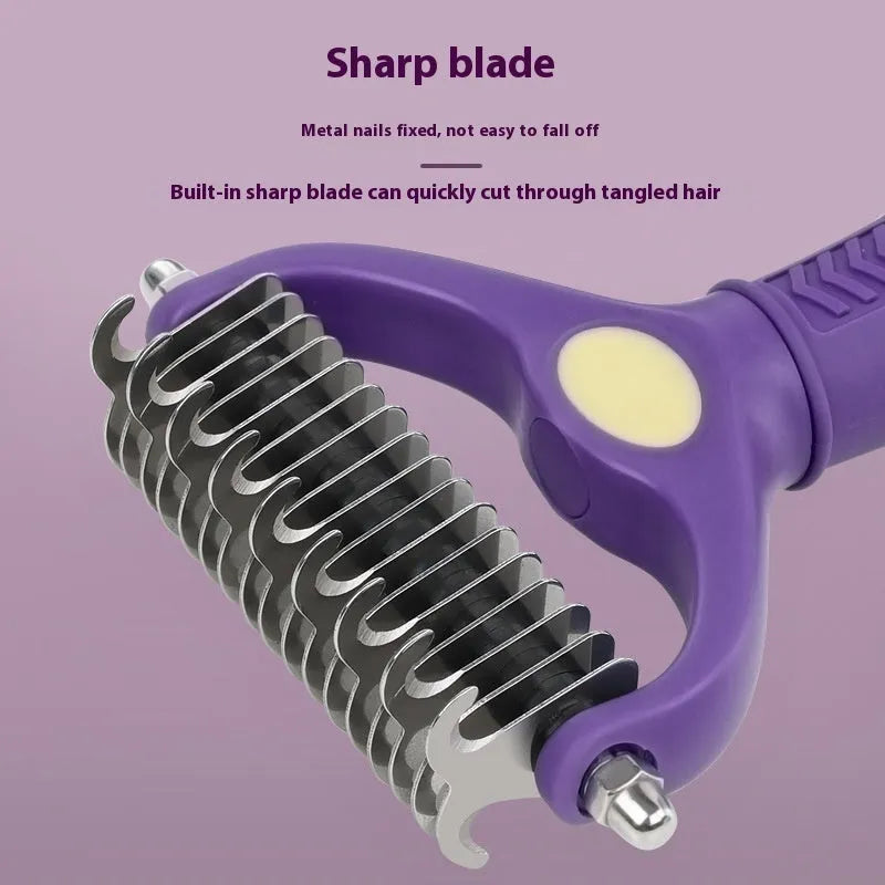 Purple plastic double-sided pet comb for untangling knots on dog and cat fur.
