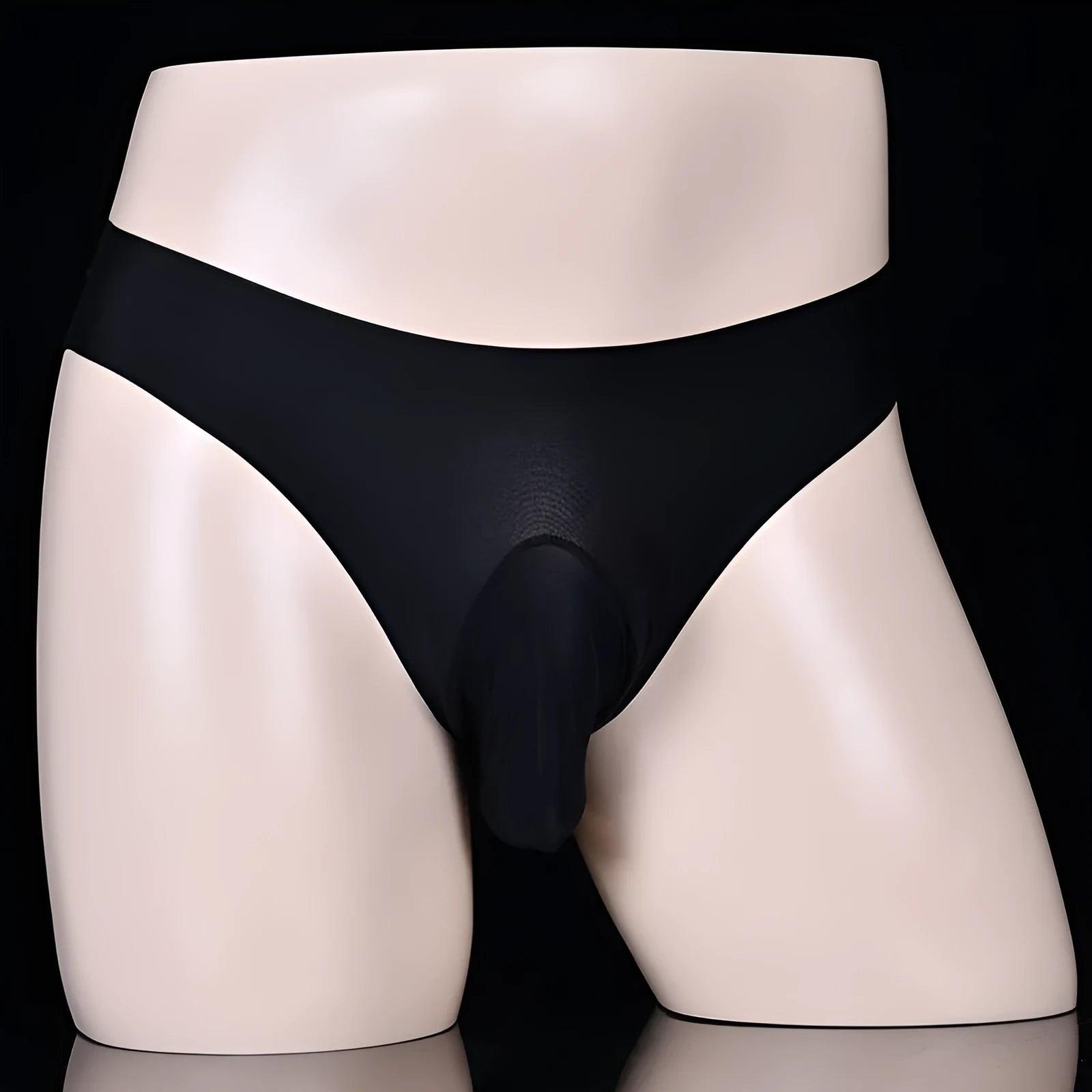 Ice silk men's underwear briefs in T-back design with open gun egg mould option on black background
