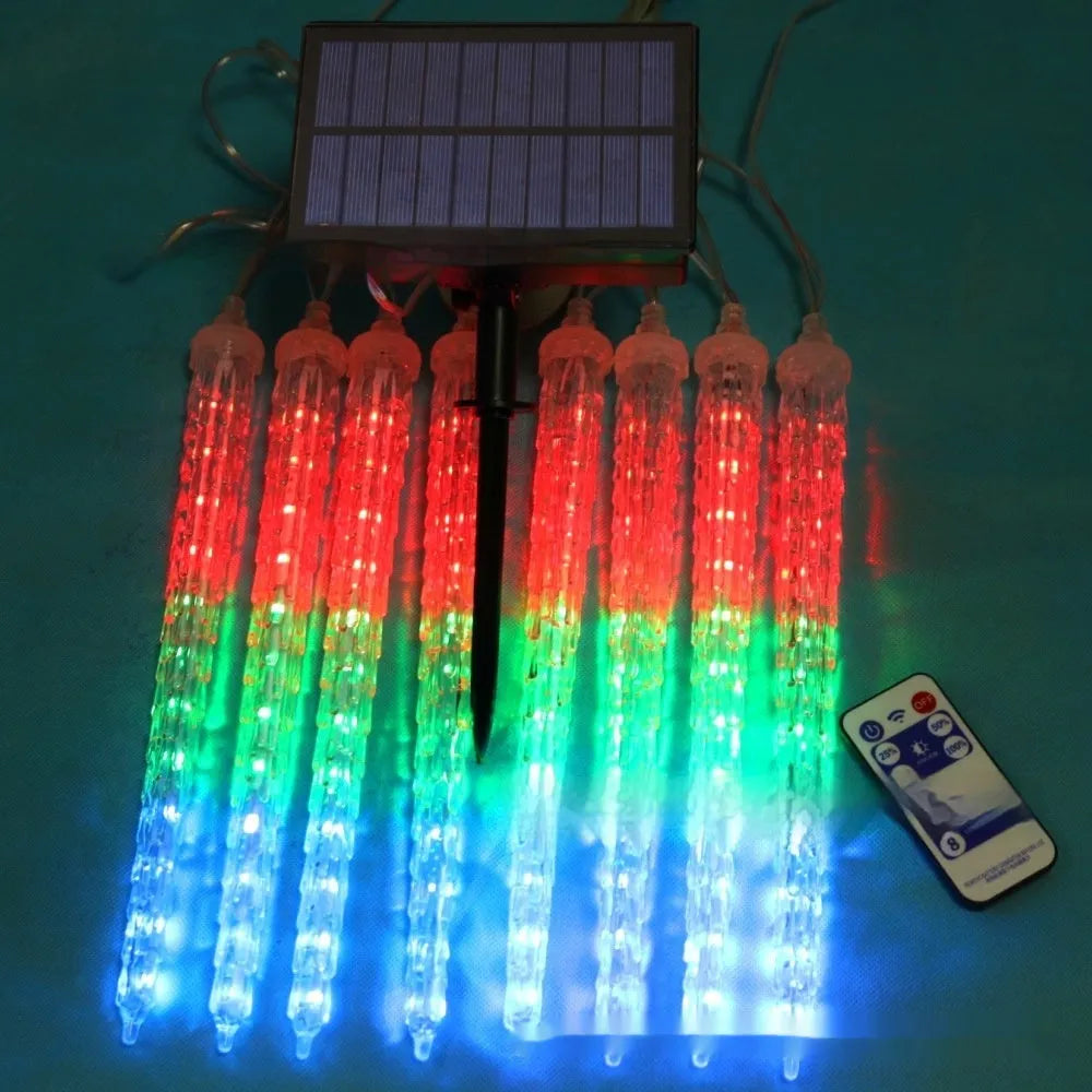 LED ice cone shaped meteor shower solar Christmas ornamental festoon lamp with flower design