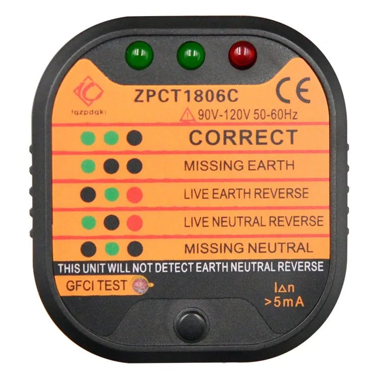 Black socket tester with LED indicators for UK EU US electrical outlet wiring fault detection